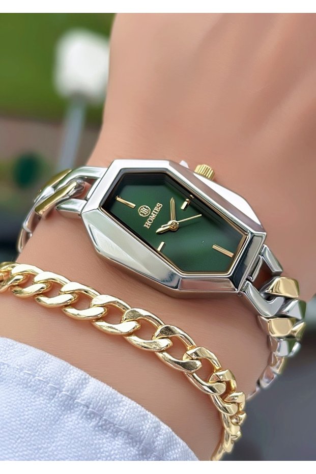 Chain Model-Steel Cord-Women's Wristwatch-Gold Silver Green Color-2 Years Warranty-Bracelet Gifted Hmj4Fc1