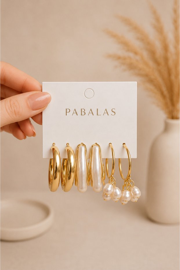 Set of 6 Gold Hoop Earrings – Pearl Detailed Dangle Earrings Combination for Women