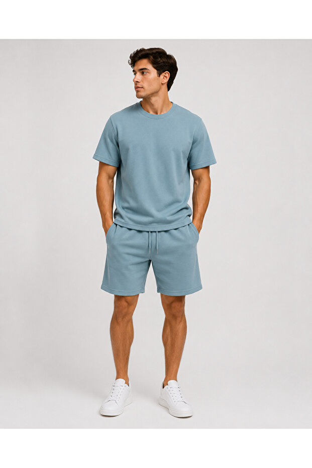 Blue Men's Premium Doubleface Pique Fabric Shorts and T-Shirt Set – Comfortable Fit Summer Casual Combination