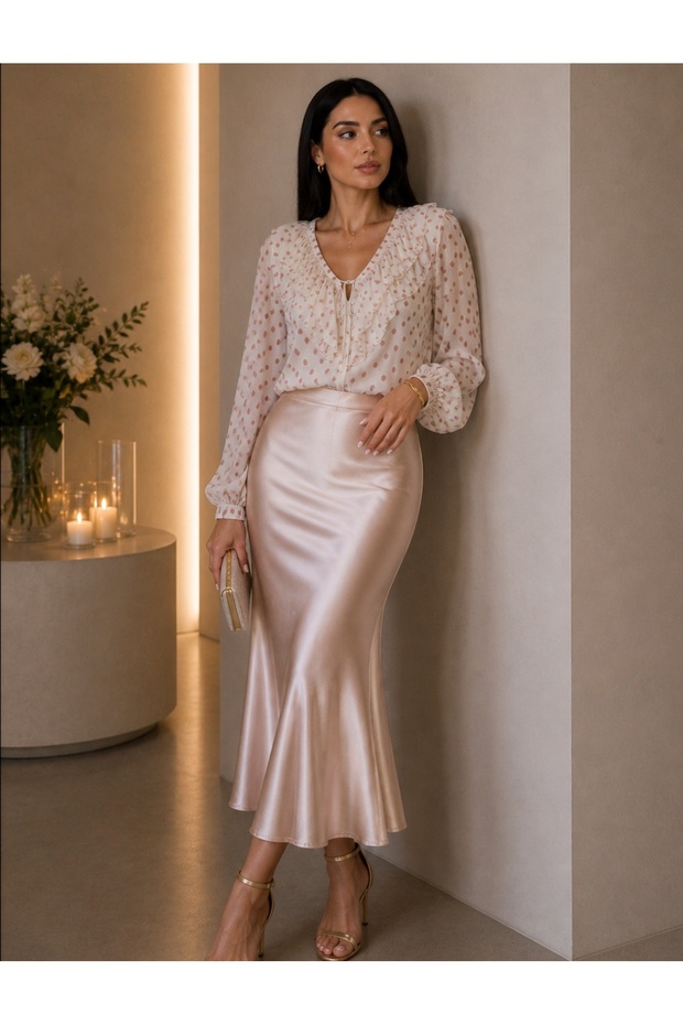 Women's Polka Dot Chiffon Ruffle Collar V-Neck Lace Detailed Balloon Sleeve Loose Blouse