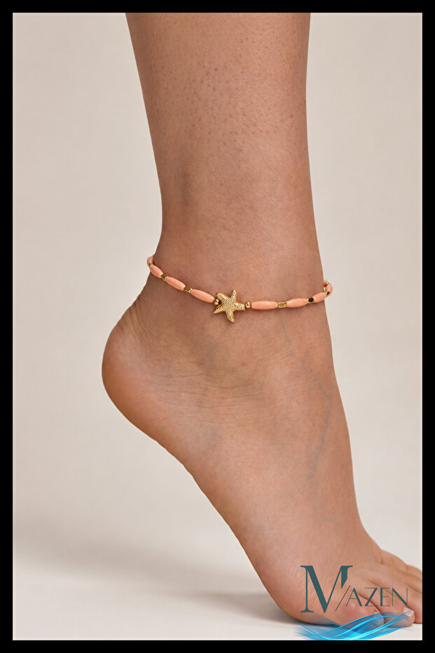 White Beaded Anklet with Starfish Figure | Gold Color | Adjustable Foot Brace