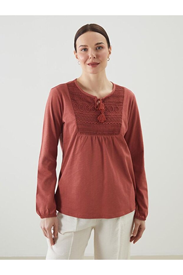 Tie Collar Embroidered Women's Blouse