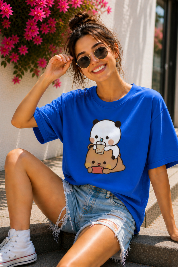 Bubu and Dudu Cute Teddy Bear Printed Unisex Oversize T-Shirt – Cotton Crew Neck T-Shirt