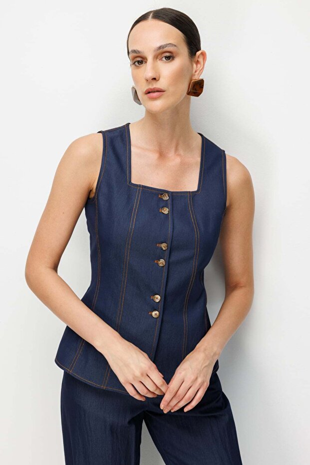 Buttoned Front Square Neck Blouse - 2
