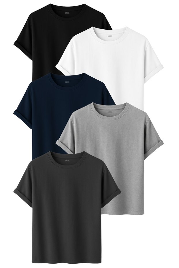 Men's 5-Piece Basic T-Shirt Pack Black White Navy Blue Gray Smoked Color Comfortable Fit Cotton T-Shirt
