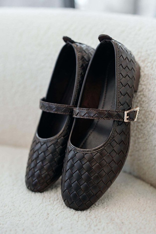 Sailor Women's Belt Detailed Knitted Leather Ballerinas Brown
