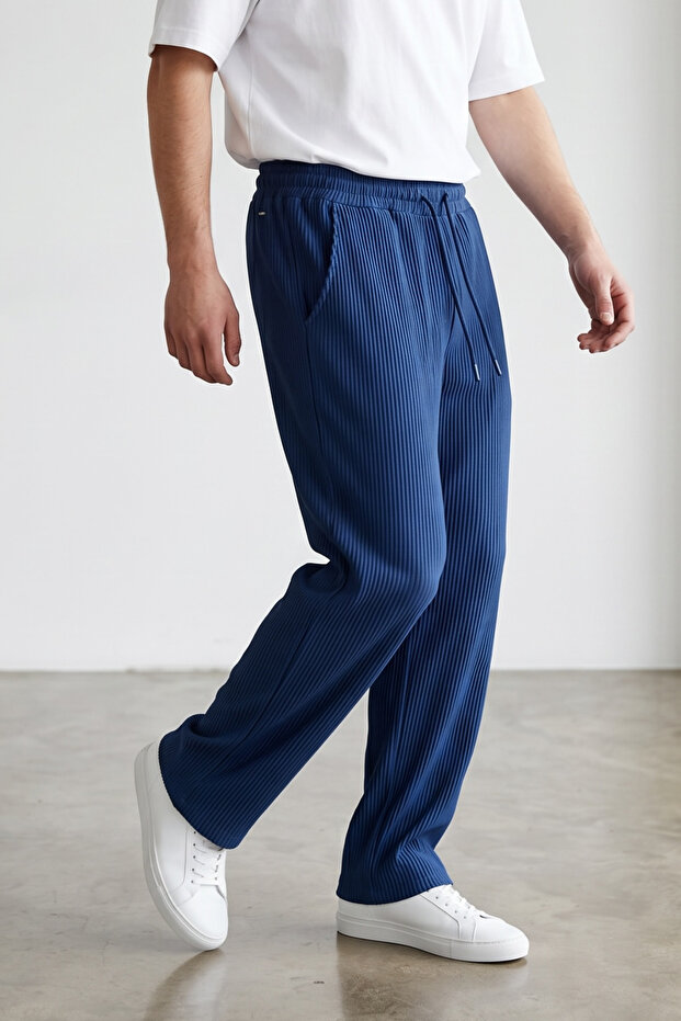 Men's navy blue oversize ottoman fabric trousers