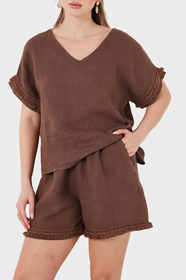 100% Linen Tassel Detailed V-Neck Blouse Bluz 7777