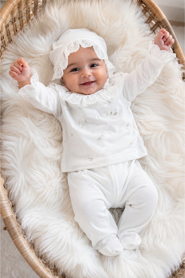 Floral Embroidered Scallop Detailed Seasonal Cotton Newborn Baby Girl Hospital Discharge Bodysuit Set 0-3 Months