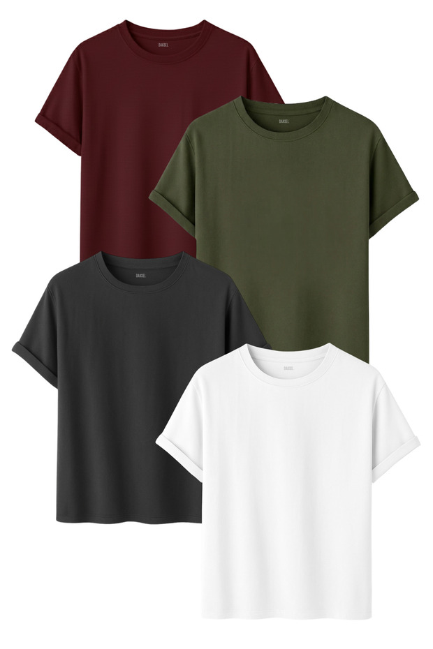 Men's 4-Piece Basic T-Shirt Pack Burgundy Khaki Smoked White Color Relaxed Fit Cotton T-Shirt