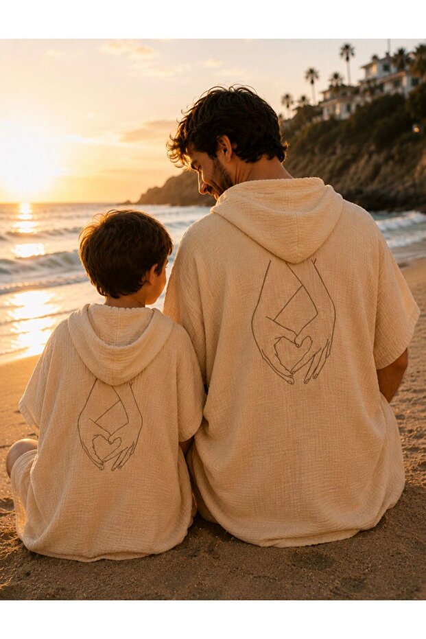 Heart Embroidered Muslin Fabric Mother Father Child Combination Poncho