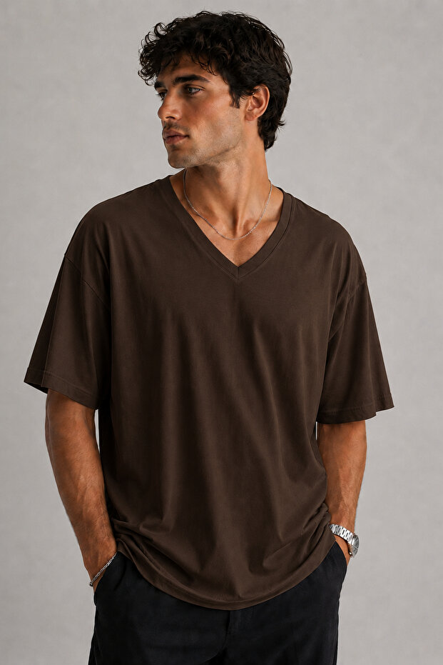 Basic V-Neck Unprinted Unisex Oversize T-Shirt – Cotton Casual Daily T-Shirt