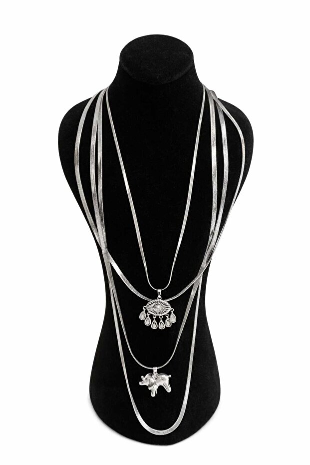 Steel Elephant and Drop Detailed Eye Figured 4-Piece Combination Necklace Set Silver Color
