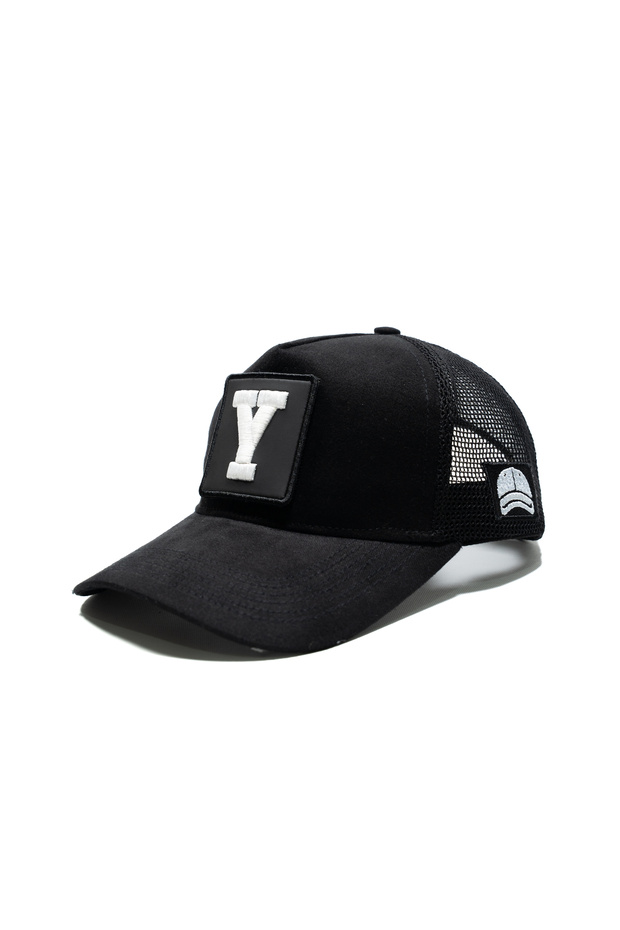 Black Mesh Hat with Letter Patch Detail | Sports Hat Suitable for Daily Use - Trucker Cap