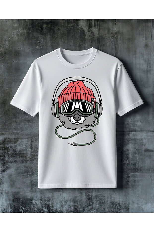 Kopek Kulaklik Red Beanie Printed Oversize T-Shirt