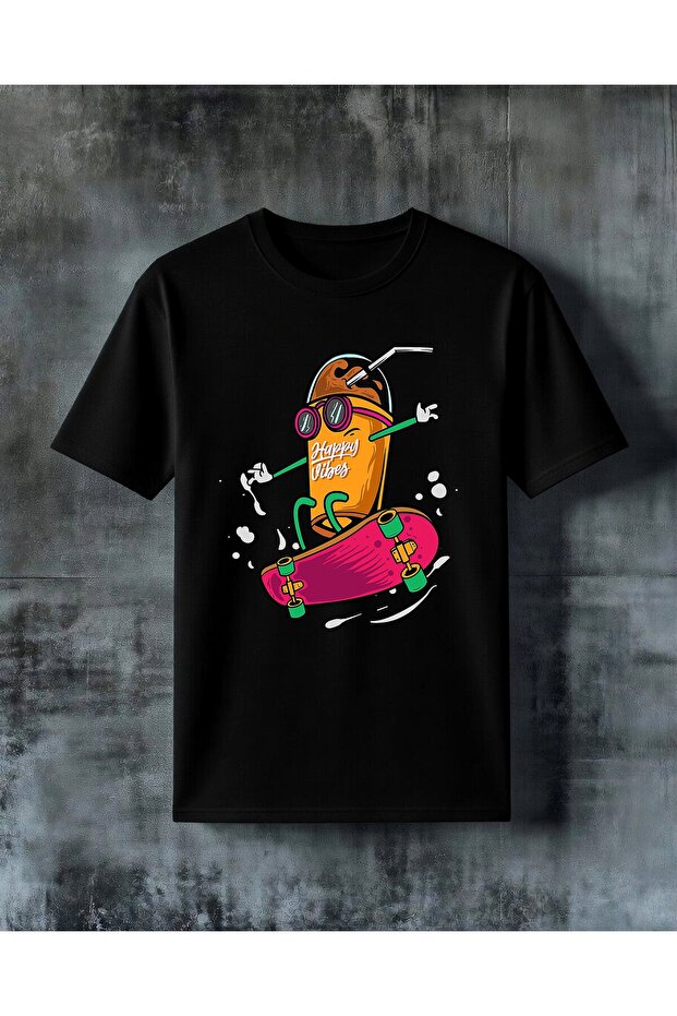 تي شيرت كبير الحجم مطبوع عليه happy vibes skateboard