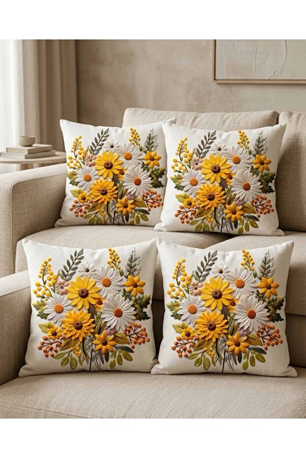 Natural Tone Yellow Floral Patterned Digital Printed Set of 4 Throw Pillow Covers with Punch Embroidery Effect
