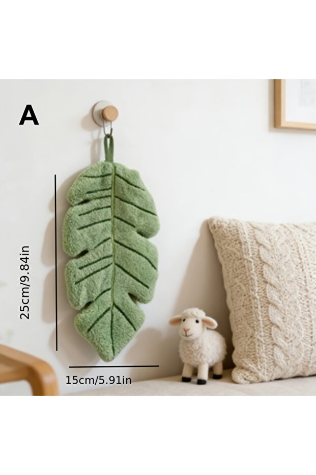 A Leaf Shape Hand Towel, Creative Plant Pattern Thick Coral Velvet Hanging Towel, Super Absorbent f.