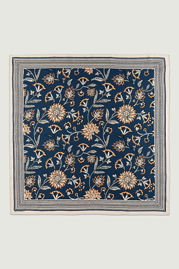 Navy Blue Retro Floral Patterned Silk Scarf