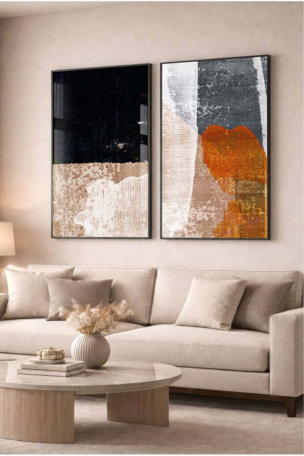 Black and Tile Textured Modern 2-Piece Glass Painting Set - Black Metal Framed Painting for Home and Office