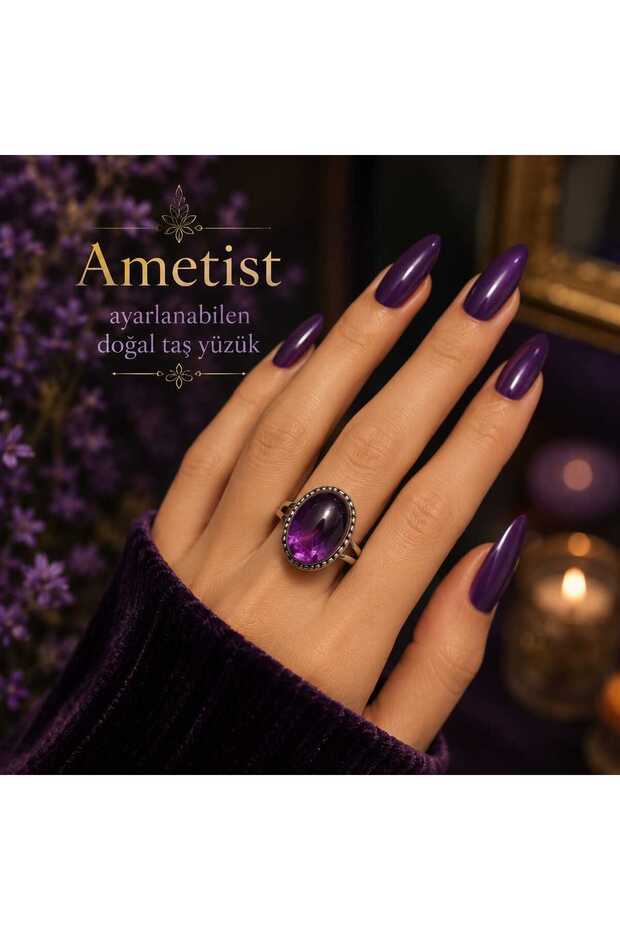 Amethyst Natural Stone Ring Adjustable Silver Color Elegant Women's Ring Purple Natural Stone Design