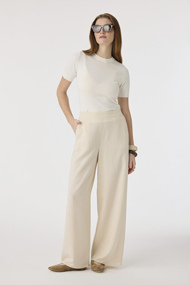 Elastic Waist Wide Leg Sarel Beige Trousers 0013