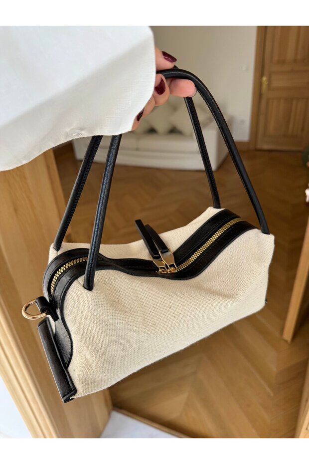 Linen Mini Hand and Shoulder Bag with Leather Strap Black