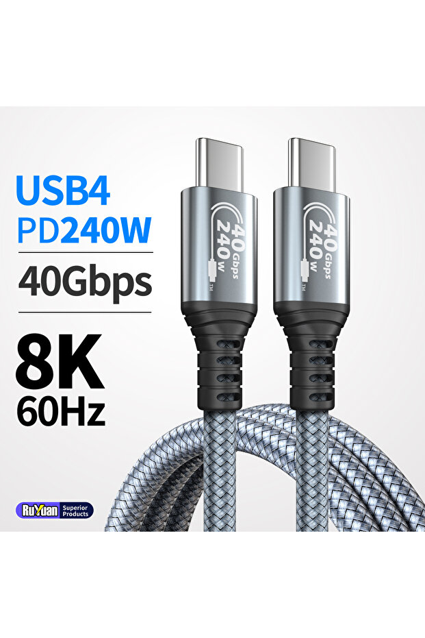 كابل USB4 رمادي بطول 1 متر، 240 واط، USB-C إلى C، سرعة نقل 40 جيجابت في الثانية، ثندربولت 4 و8K@60Hz لأجهزة ماك بوك برو، آيباد برو، آيفون