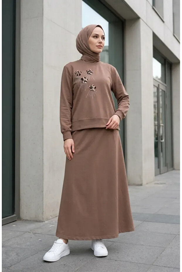 Floral Embroidered Stoned Double Set 0255-05 Milk Coffee