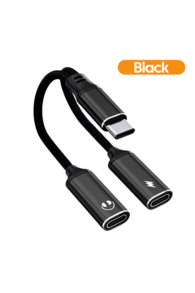 محول USB C أسود 2 في 1 من النوع C إلى النوع C للشحن بقدرة 60 واط + موصل نقل البيانات والصوت من النوع C
