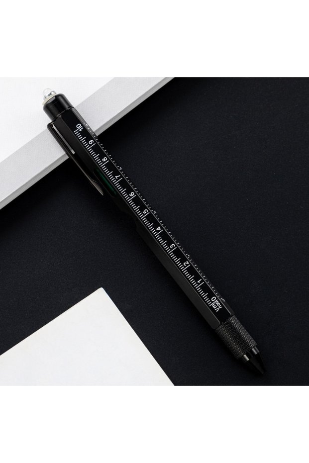 Black Metal Multi Tool Pen 9-in-1 With LED Light Spirit Level Screwdriver Ruler Ballpoint Pen Woodwo
