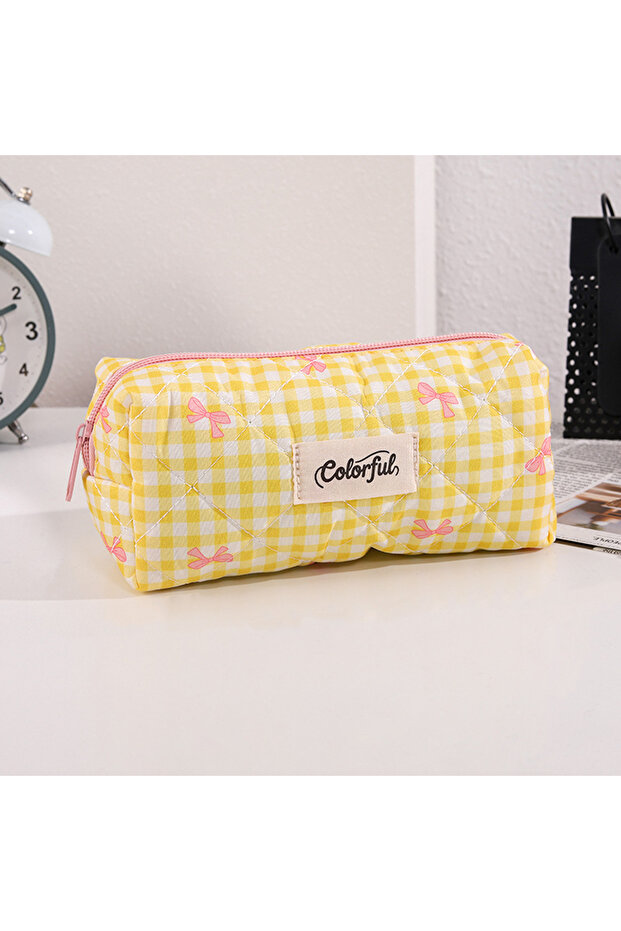 Style F Cute Bowknot Print Pencil Case, Checkered Pattern Portable Zipper Stationery Desktop Storage