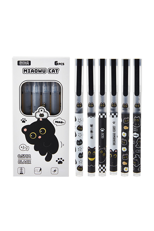 black 6pcs 6pcs Cute Cat Liquid Gel Pens, Fast Drying Anti-Fading Smooth Writing, Ideal for Students