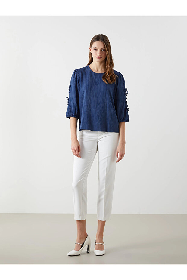 Women's Classic Indigo Crew Neck Textured Blouse