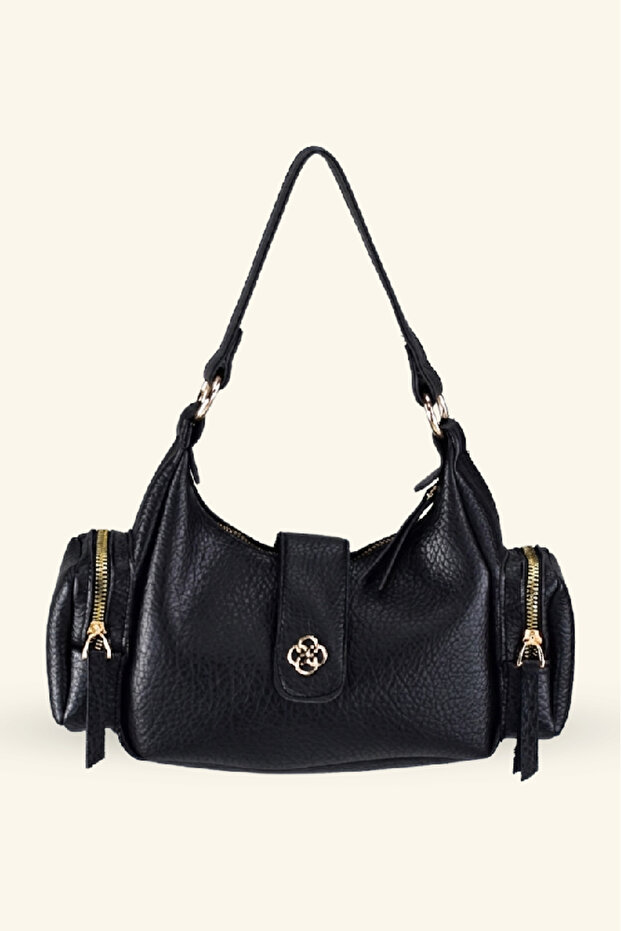 Women's Hand and Shoulder Bag with Front Flap and Side Pockets - Black