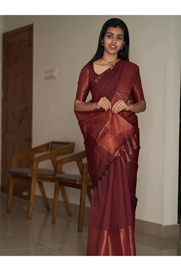 Maroon Lichi Silk Saree with Woven Blouse Piece - MAF3114 | Maroon