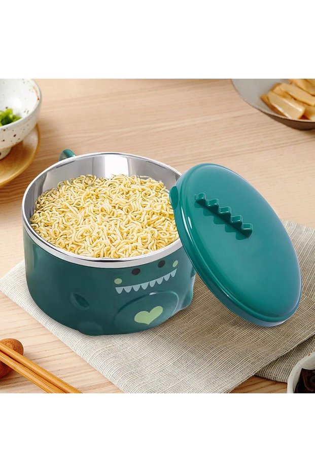 Silk Route - Lovy Dinosaur Stainless Steel Ramen Bowl with Lid & Handles - Perfect for Soup, Rice, and Cereal (Green)