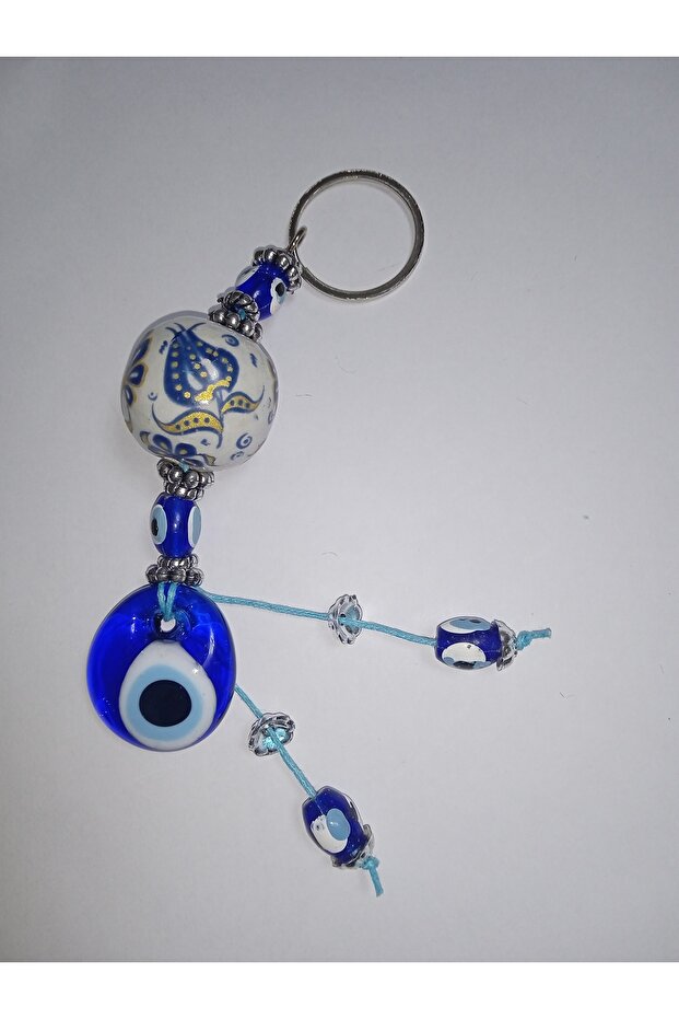 Handmade Keyring Ceramic Ball with Glass Evil Eye Beads B