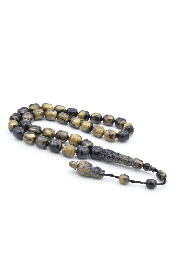 Carved İmameli Barrel Cut Yellow Black Powdered Amber Prayer Beads