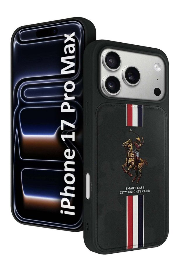 City Knights Club Luxury iPhone 17 Pro Max Case with Card Holder – Professional Camo Business Tech Cover with Shockproof Armor & Designer Polo Embroidery - Black