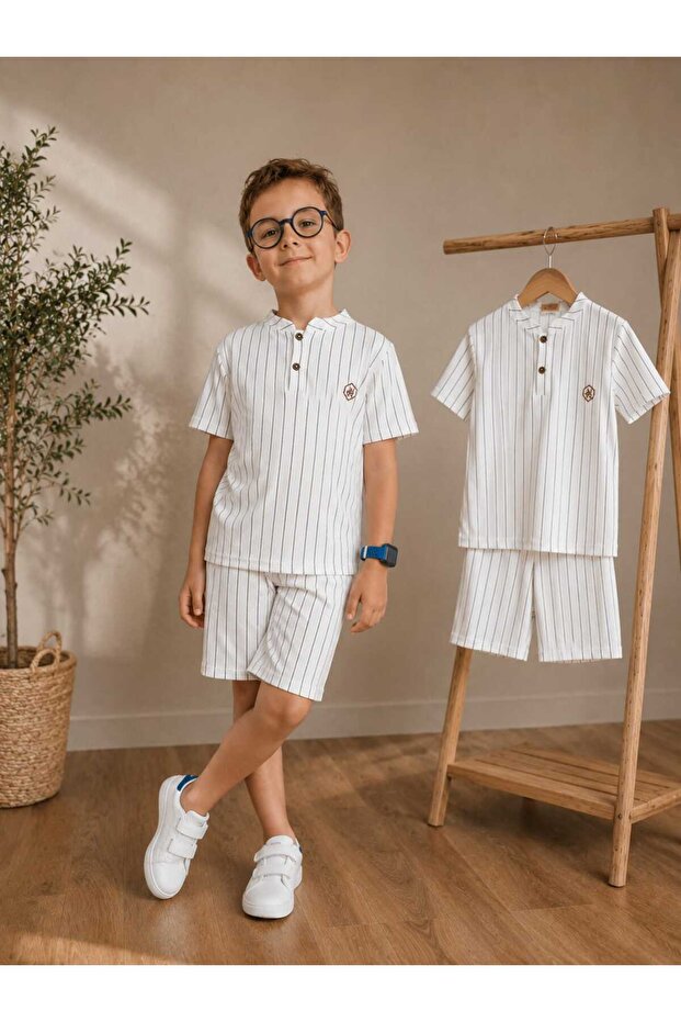 Boy's Judge Collar Striped Short Sleeve Shorts Set
