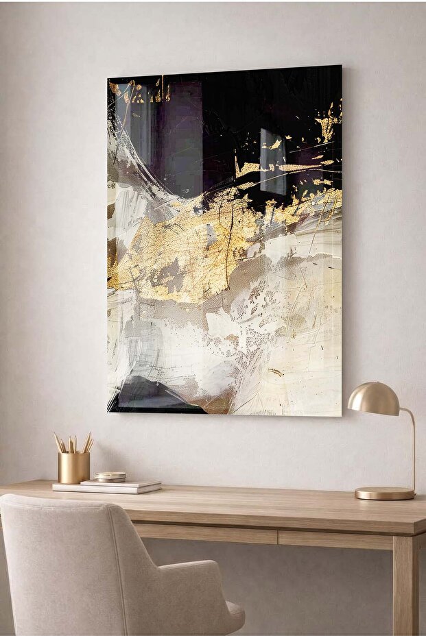 Decorative Tempered Glass Table with Gold Foil and Black and Beige Tones - Table for Business, Home and School