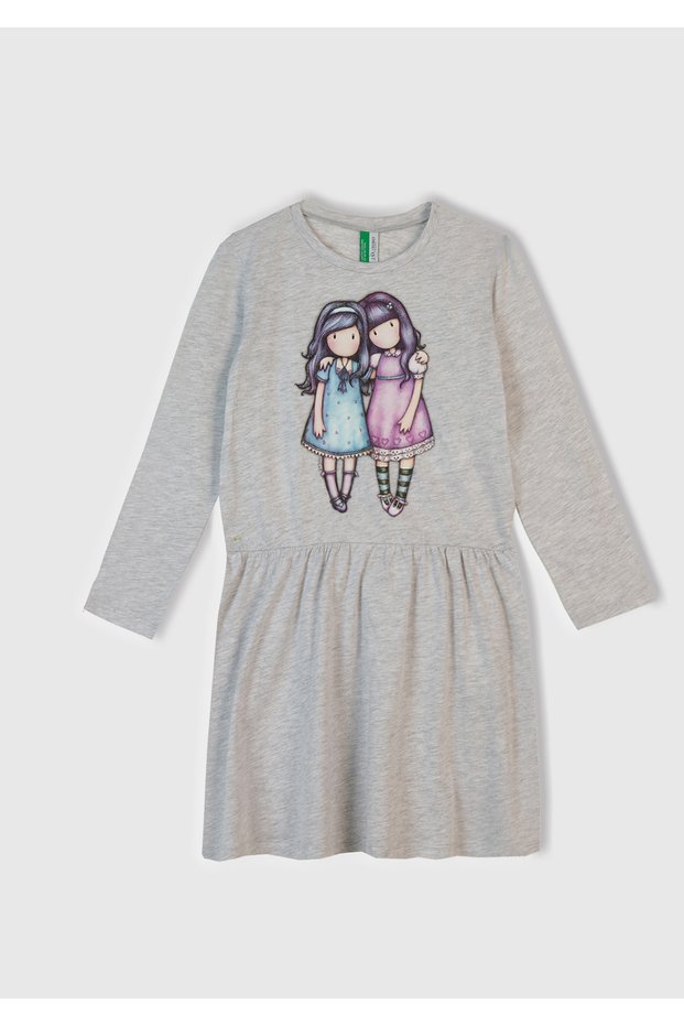 Girl's White Front Printed Pleated Crew Neck Sleep Dress
