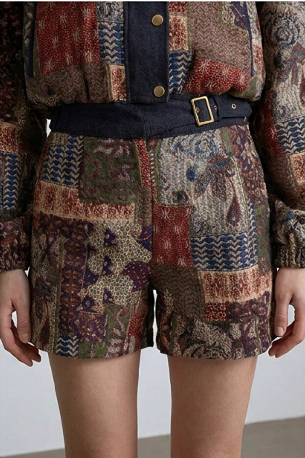Women's Bohemian Ethnic Patterned Fabric Shorts with Belt High Waist - Anatolian