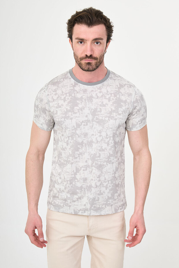 Patterned Slim Fit Crew Neck Short Sleeve Men's T-Shirt Stone - 36881.26Y