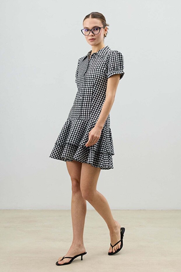 Black Gingham Ruffled Women's Dress