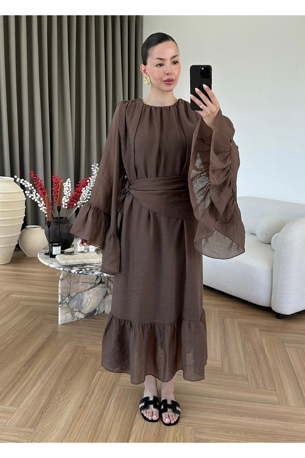 فستان برباط مع شال بني - 3404
