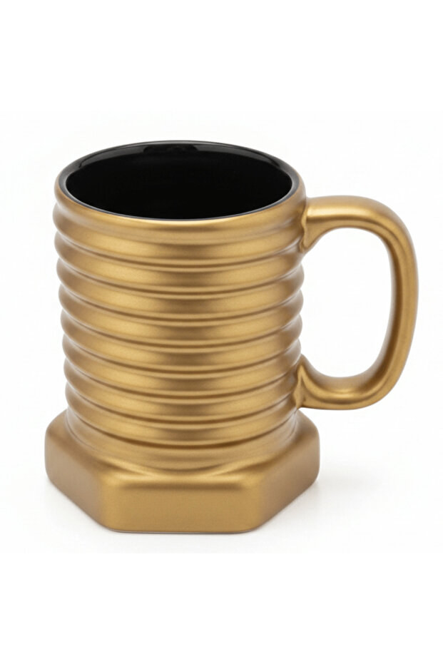 Gold & Black Ribbed Ceramic Mug — 350 ml | Luxury Hexagonal Design