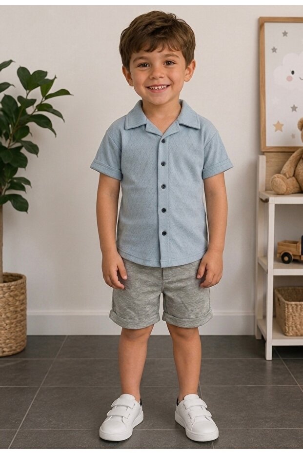 Boy's Holiday Casual Baklava Pattern Shirt 2-Piece Summer Top and Bottom Set