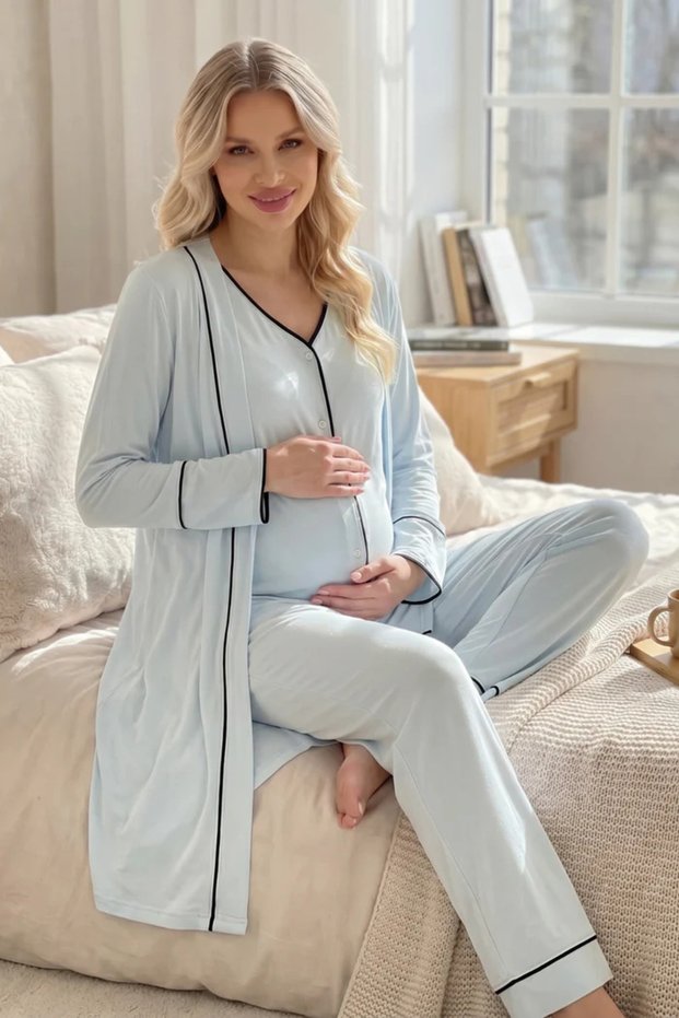 Women's Blue Cotton Button-Front Short-Sleeved Maternity Pajama Set and Dressing Gown 3-Piece Maternity Set